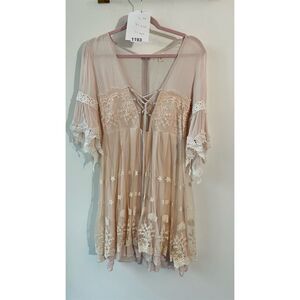 1163. Pol nwot  Boho Lace Dress Pink Short Casual Spring Size S
